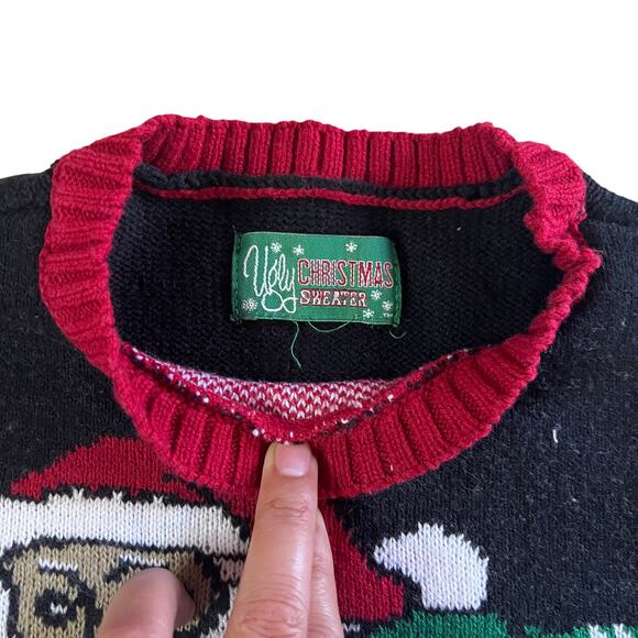 Vintage Kids Ugly Christmas Sweater Santa Hockey Knit Red Green - Picture 2 of 5